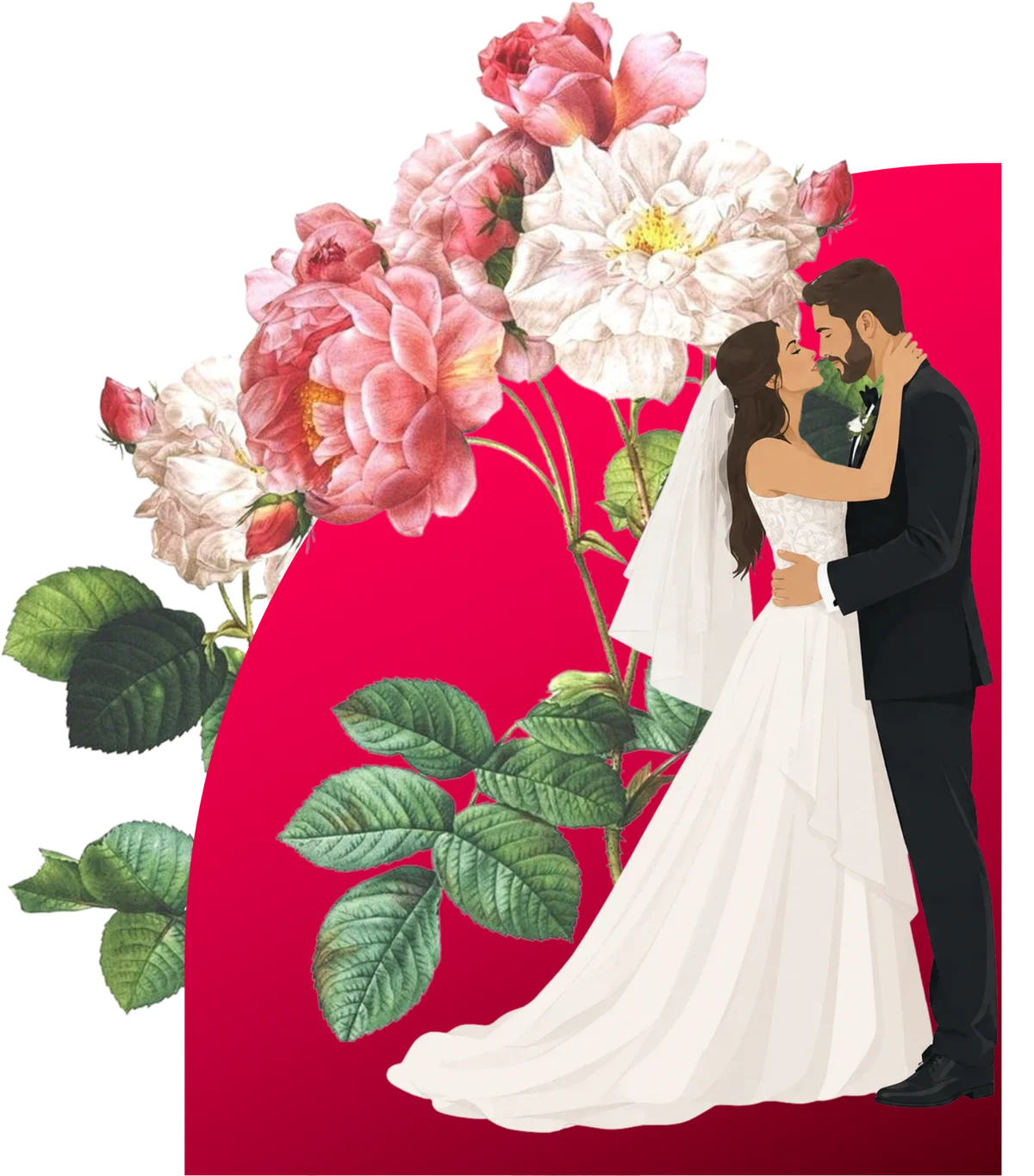 Ilustrasi pasangan pengantin dengan buket bunga